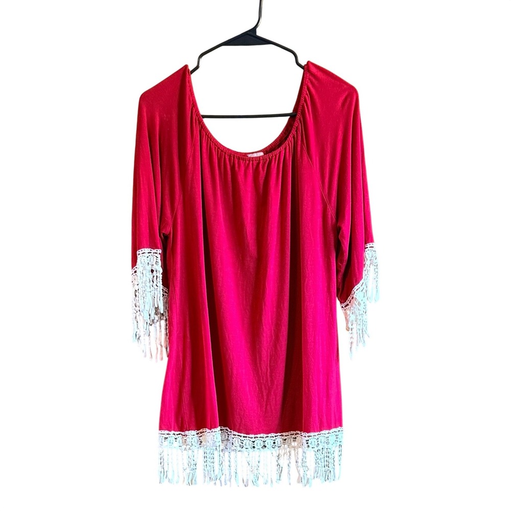 R. Rouge Vintage Red Boho‎ Crochet Fringe Tunic Top Large Short Sleeve